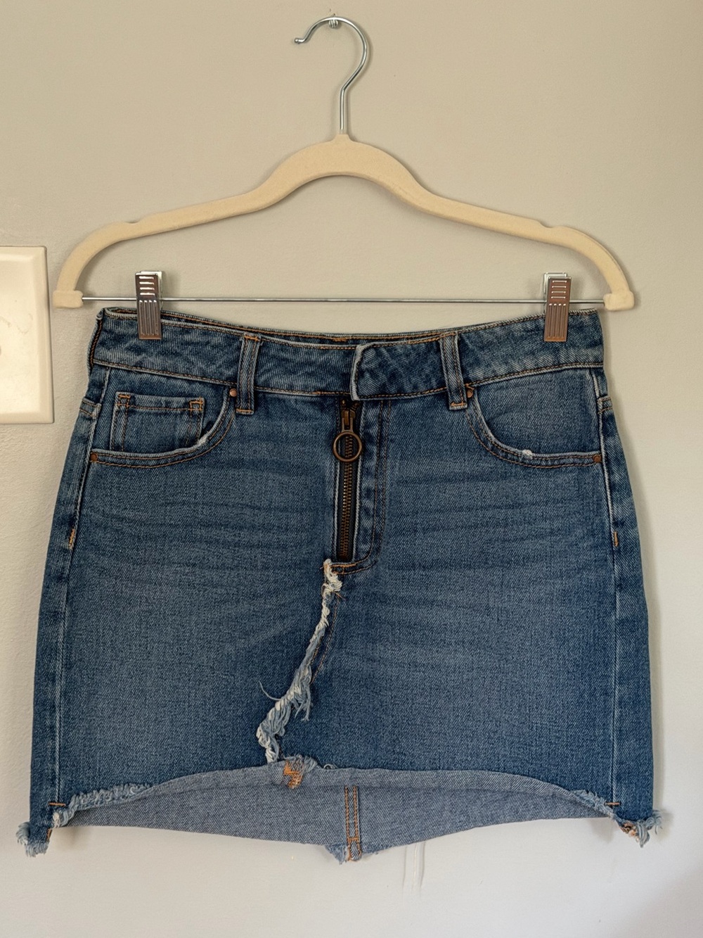 Denim Mini Skirt with Front Zip and Snap Button